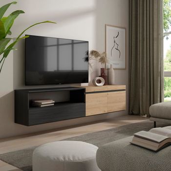Mueble tv efecto madera roble y negro 200x35x45cm colgado