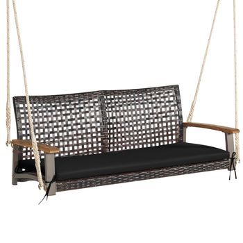 Costway Columpio de Mimbre de 2 Asientos para Porche con Cojín de Asiento Reposabrazos de Madera de Acacia 2 Cuerdas 131 x 68 x 54 cm Negro