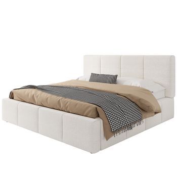 Cama Doble Tapizada De 180x200cm Con Cabecero Y Listones En Bouclé Beige