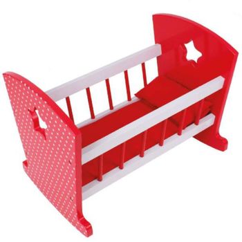 Cuna de madera para muñecas balancín con ropa de cama roja y blanca Tachan