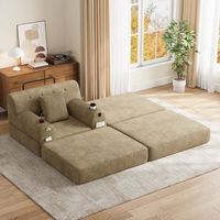 sofa-cama convertible de 1 plaza en pana con puff y funcion de cama respaldo alto marco metalico espuma hd 2 portavasos 4 bolsillos laterales caqui