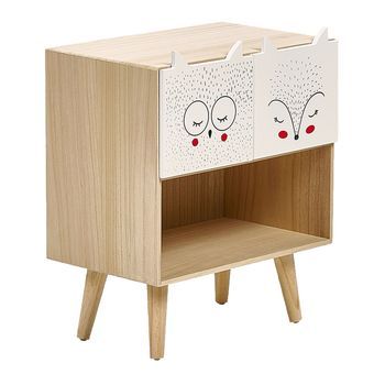 Mesita De Noche Moderna 2 Cajones Motivo Animal Madera Clara Rupert