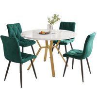 conjunto mesa de cocina juego de comedor redondo 5 piezas mesa de comedor efecto marmol y sillas de comedor de terciopelo verde o100x75cm mdf y metal verde y dorado