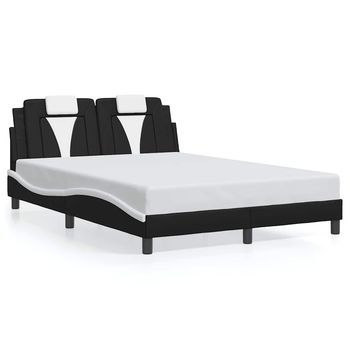 Cama Doble | Cama Para Adultos | Estructura Cama Cabecero Cuero Sintético Negro Blanco 140x200cm