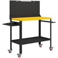 homcom banco de trabajo con panel perforado mesa de trabajo con enchufes luz led ruedas marco de metal negro y amarillo   aosom espana