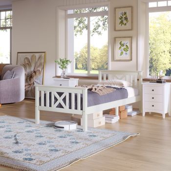 Cama Individual Madera 90x200 Somier Láminas Cabecero Pino Macizo Blanca Infantil Juvenil