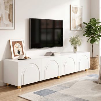 Mueble tv blanco diseño arco 4 puertas con patas doradas, 180 cm