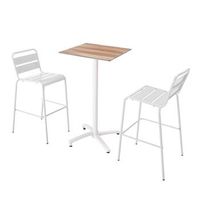 mesa alta de roble oscuro y 2 sillas altas blancas opera - oviala