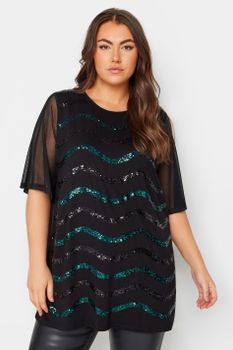 Yours Top Negro Adornado Con Ondas De Lentejuelas Azules, Mujer Curvy Y Tallas Grandes, Yours