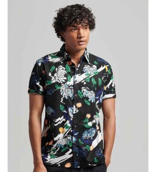 Superdry para hombre. M4010620A Camisa hawaiana marino (M), Negro, Casual, Modal, Manga corta