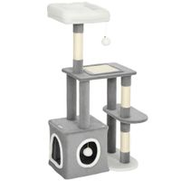 pawhut arbol rascador para gatos con casita cama y 2 bolas en madera y peluche 55x40x107 cm gris y blanco   aosom espana
