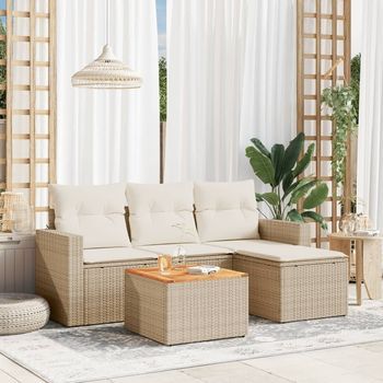 Juego De Sofás Jardín Con Cojines 5 Piezas | Conjunto De Jardín De Ocio | Set De Comedor De Jardín Ratán Sintético Beige Cfw71844