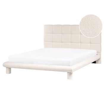 Cama Con Somier Cabecero Tapizado De Bouclé Blanco Crema 160 X 200 Cressat