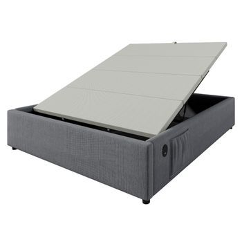 Cómoda Cómoda Tapizada Para Cama 160×200cm Tejido De Lino Con Enchufes Recargables Y Almohadón De Láminas Gris