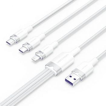 Cable USB Vention CTRWG 2.0 3 en 1 1.5m Blanco 6A PVC Algodón Lightning USB-C MicroUSB