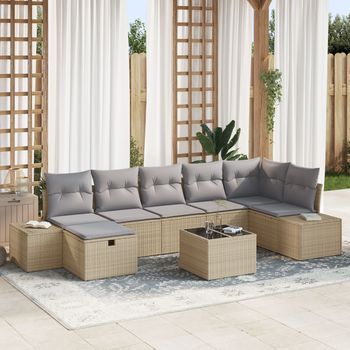 Conjunto De Sofá De Jardín De 8 Piezas Con Cojines Beige Ratán Poli V8600 Unico / Gris