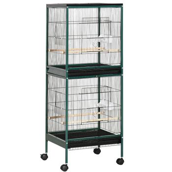 PawHut Gran Jaula para Pájaros en pie doble con comederos perchas bandeja desmontable ruedas - 51,5x50x140 cm   Aosom España