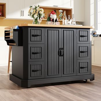 Isla De Cocina Móvil Negra De 120 Cm Con Ruedas, Dos Puertas Y Seis Cajones