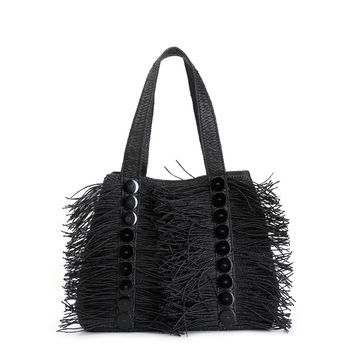 bolso shopping de rafia con flecos y botones decorativos black