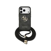 guess funda para iphone 17 pro  carcasa de pu negra con logo 4g y correa con cordon diseno practico y ajuste preciso