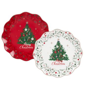 Juego en caja de platos de postre de cerámica (x4) Motivos navideños en beige, verde, rojo y dorado