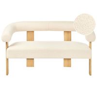 sofa 2 plazas retro salon tapizado de boucle patas de madera blanco crema y marron claro ilbro