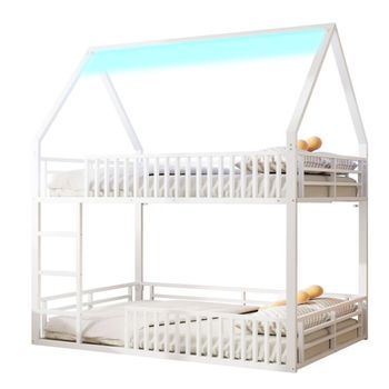 Litera Tipo Casa 140x200, Cama Alta Con Luces Led, Barandilla De Seguridad, Metal, Blanco