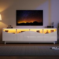 mueble de tv de diseno curvo blanco brillo 1 cajon 3 puertas 2 estantes de cristal led orientable 175x38x51cm