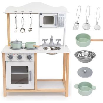 Cocina Infantil De Madera Robusta – Con Microondas, Horno, Fregadero Y Accesorios Con Cacerolas Incluidas