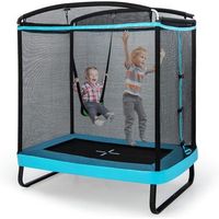 2 en 1 cama elastica infantil con columpio costway capacidad de 100 kg 190 x 122 x 210 cm negro y azul