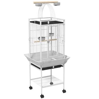 PawHut Jaula para Loros con Ruedas Perchas Comederos y Bandeja Extraíble Pajarera para Cacatúas Cotorras 62,5x62,5x156cm Blanco