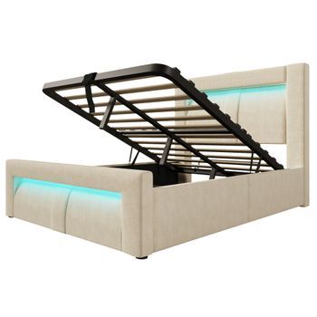 Cama De Terciopelo Beige 90 X 200 Cm Con Arcón, Led Y Cuatro Puertos De Carga, Sin Colchón