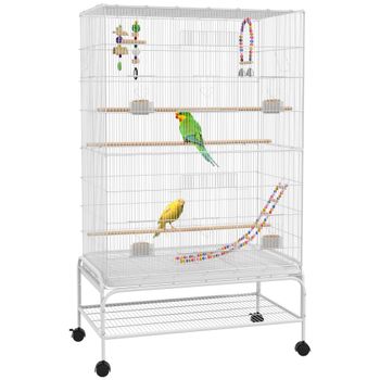 PawHut Jaula para Pájaros con Ruedas Bandeja Extraíble Puertas Comederos Perchas y Estante Inferior 79x49x133 cm Blanco
