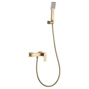 Set De Ducha Oro Cepillado En Latón Con Tubo Metálico 180 Cm Y Mando Cuadrado