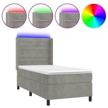 Cama Individual | Cama Box Spring | Cama Para Adultos Colchón Y Led Terciopelo Gris Claro 90x190 Cm