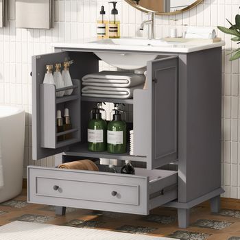 Mueble De Baño Con Lavabo - Mueble De Suelo - Mdf Y Cerámica - Gris (76x46x87cm)