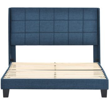 Cama Polsterbett 140x200cm - Con Cabecero Acolchado, Con Somier, De Lino Azul, Media Firmeza - Azul