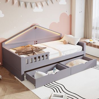 Cama Infantil 90x200 Cm Con Barra De Luz Led, Cajones Y Somier De Lamas, Gris