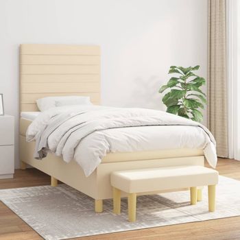 Cama Individual | Cama De Adulto | Cama Box Spring Con Colchón Tela Color Crema 90x190 Cm Cfw322220