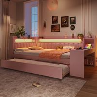 sofa cama extensible de 140x200 cm con escritorio led usb color rosa fabricado en mdf y madera contrachapada