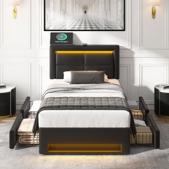 Cama Tapizada Individual 90x190 Cm Con Iluminación Led, Puertos Usb Y 4 Cajones, Sin Colchón, Similicuir Negro
