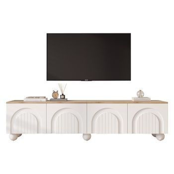 Mueble Tv 180cm - Con 4 Puertas - Con 6 Patas De Bola De Metal - Madera Y Blanco