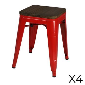 Lote De 4 Taburetes Estilo Industrial En Metal, Color Rojo - Colección Factory.