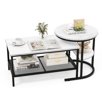 Costway Juego de Mesa Desmontable 2 en 1 con Estante de Almacenamiento Adicional Tapa De Mármol Sintético Negro y Blanco