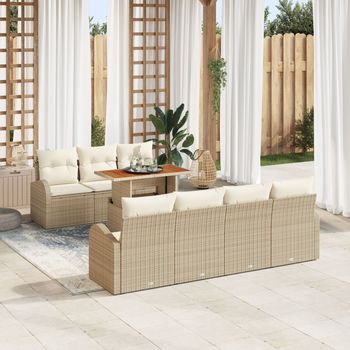 Juego De Comedor De Jardín De 8 Piezas Con Cojines Beige Ratán Poliéster V6602 Unico / Beige