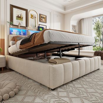 Cama Tapizada Doble Para Adultos Con Led, Usb, Cabecero Con Estanterías, Almacenamiento Hidráulico, Tejido De Lino Beige, 180x200 Cm
