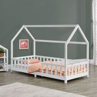 cama para ninos de madera pino - 90 x 200 cm - cama infantil con reja protectora - forma de casa - casita - blanco mate lacado encasa