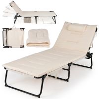 costway tumbona plegable con respaldo ajustable 4 posiciones cojin desmontable marco metal bolsillo almacenaje carga 120kg para camping playa beige