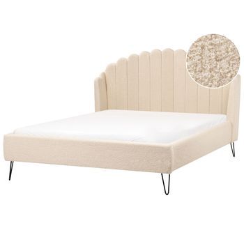 Cama Con Somier De Bouclé Patas De Metal 160 X 200 Cm Cabecero Beige Ambillou