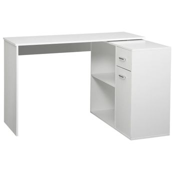 HOMCOM Escritorio de esquina giratorio 180°, escritorio de ordenador, estantería, cajón, armario, zona de trabajo, 117x82x74cm, blanco   Aosom España